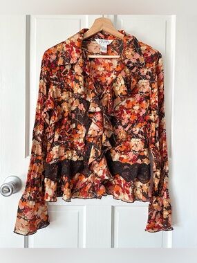 Vintage Allison Taylor Fall Floral Sheer Ruffle Top Whimsigoth Fairy Size M